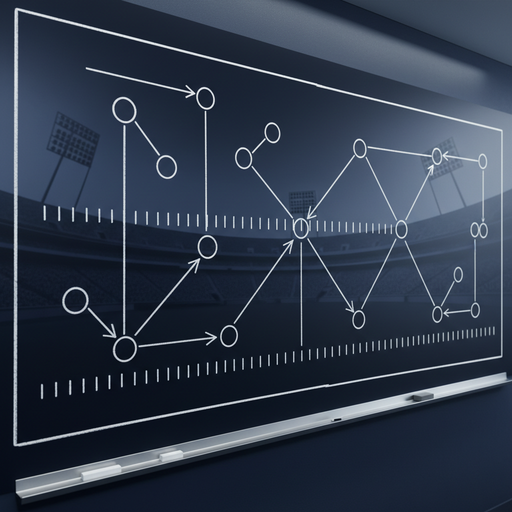 A meticulously detailed football play diagram, drawn in precise white chalk lines on a deep navy chalkboard surface, shows routes, blocks, and coverage shells with arrows, circles, and crisp hash marks. The board stretches across the frame in a sleek modern film-room setting, with the faint outline of stadium architecture abstracted in the blurred background. Cool, diffused overhead lighting creates subtle reflections on the chalkboard and soft shadows from the chalk pieces resting on a narrow metal tray. The digital-art style is clean and sophisticated, with razor-sharp lines, high contrast, and a slightly cinematic wide-angle composition, conveying analytical depth and strategic focus without any human figures present.