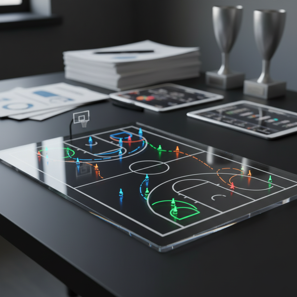A close-up of an elegant, translucent acrylic basketball court model, its lines and arcs etched with laser precision, resting on a matte black desk surface. Tiny illuminated markers represent players and ball movement, glowing in different colors to indicate offensive sets and defensive rotations. A softly blurred backdrop of stacked analytics reports, sleek tablets, and minimalist trophies suggests a high-level sports analysis studio. Cool, directional side lighting casts crisp reflections through the acrylic, creating layered shadows that feel architectural. The image is rendered in refined digital-art style, with a shallow depth of field and a composed, rule-of-thirds framing that emphasizes clarity, intelligence, and modern strategic thinking.