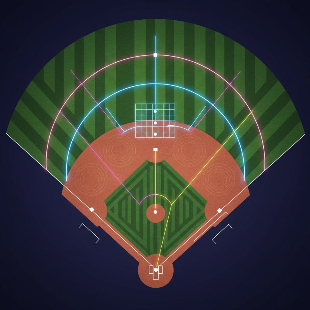 An overhead digital-art illustration of a stylized baseball diamond seen from a bird’s eye view, constructed from precise geometric shapes and rich textures. The infield appears as finely raked clay with subtle patterns, the outfield as deep emerald grass with cleanly mown stripes. Floating above the diamond are semi-transparent lanes and arcs, mapping pitch locations, spray charts, and baserunning paths in sophisticated neon lines. The background fades into a dark gradient, evoking a night-game atmosphere under powerful stadium lights. The lighting creates a sharp contrast between the glowing data overlays and the tactile field, producing a composed, analytical mood suitable for in-depth strategic breakdowns, with no players visible.